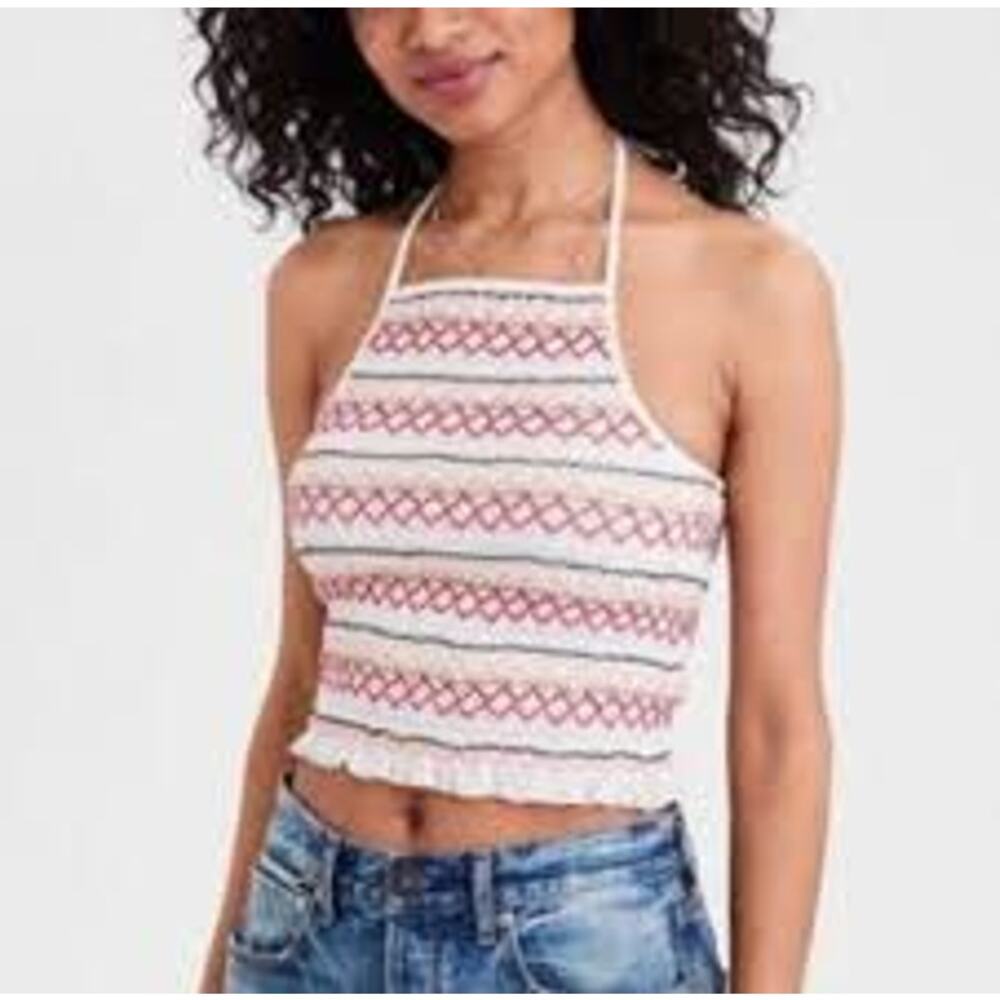 American Eagle Women’s Smocked Embroidered Halter Cropped Top Size S Multicolor